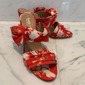 Lewit Satin Floral-Patterned Red Sandal Block Heels (EU 37.5)